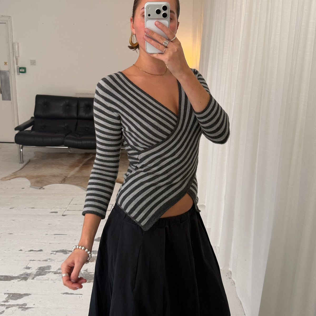 2000s Grey Striped Wrap Knit Top