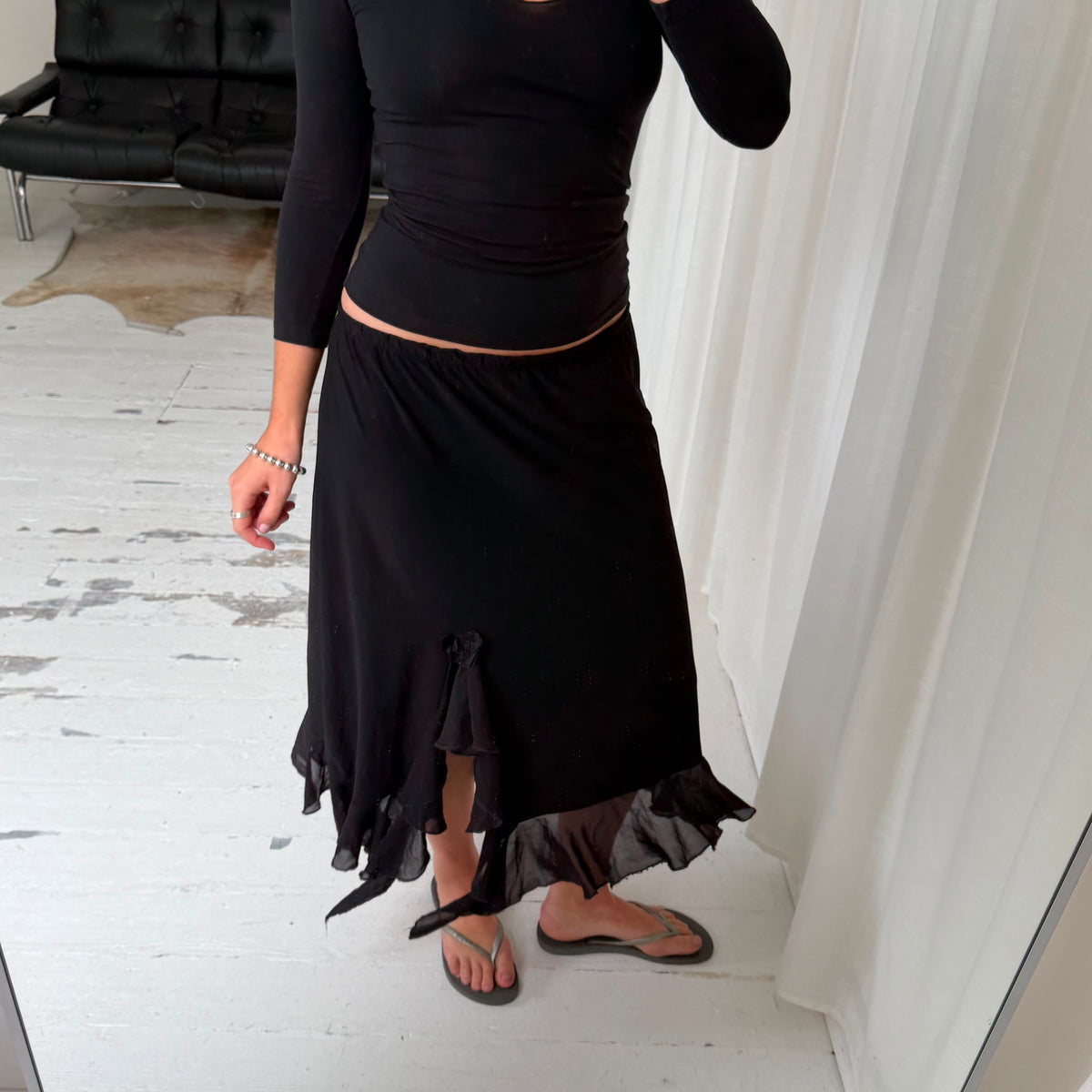 Black Ruffle Asymmetric Maxi Skirt