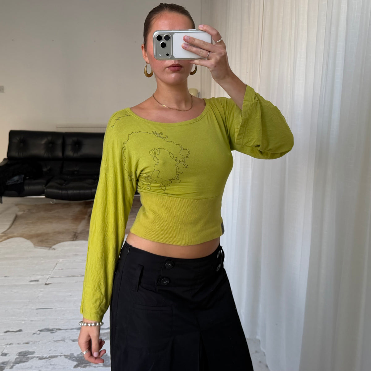 Chartreuse Graphic Print Wide Sleeve Top