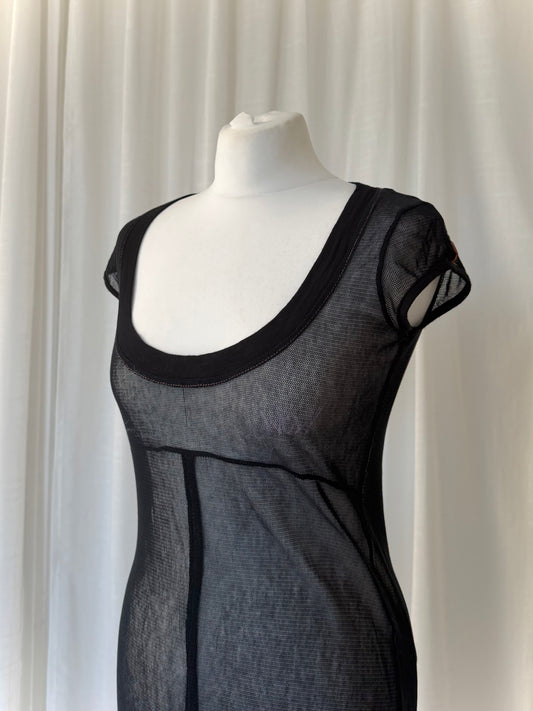1990s Black Mesh Cut Out Midi Dress