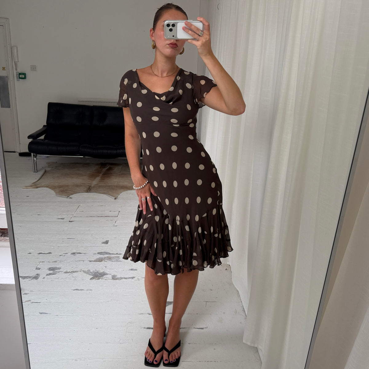 Brown Polka Dot Silk Midi Dress