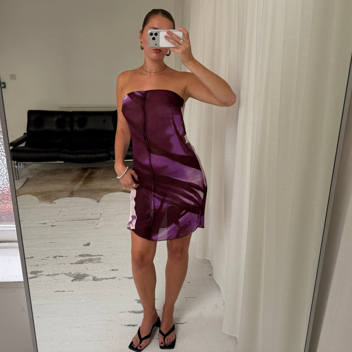 Purple Floral Strapless Midi Dress
