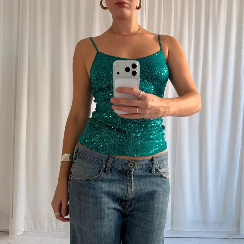 2000s Turquoise Sequin Cami Vest Top