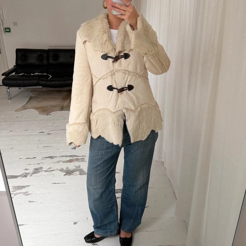 2000s Cream Faux Suede & Faux Fur Coat