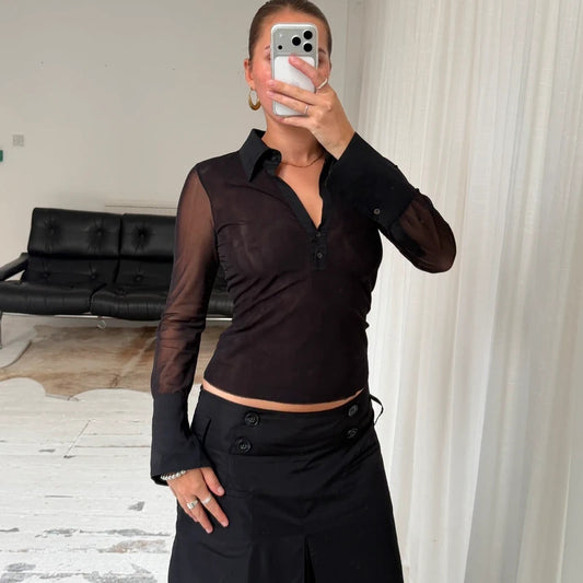90s Black Sheer Mesh Shirt