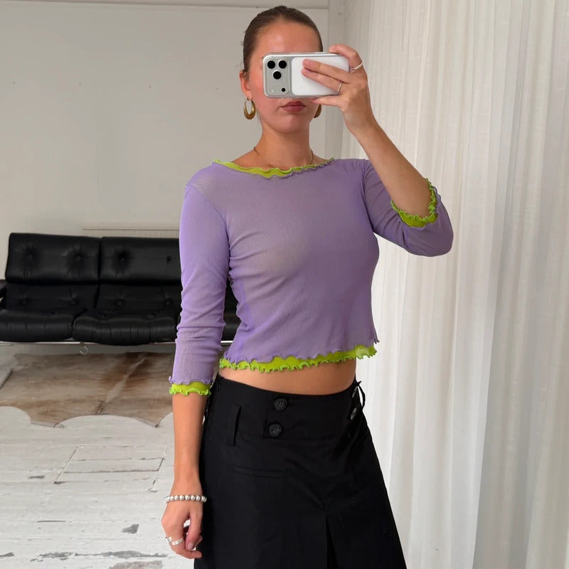 2000s Layered Micro Mesh Lettuce Hem Top