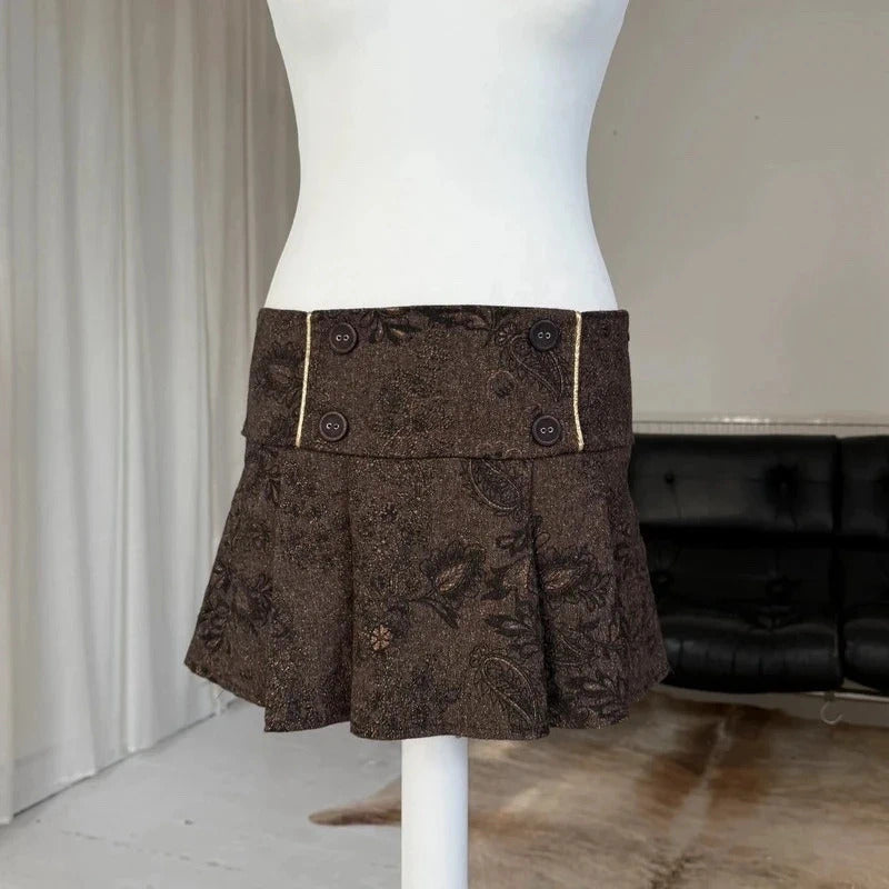 Brown Floral Jacquard Pleated Mini Skirt