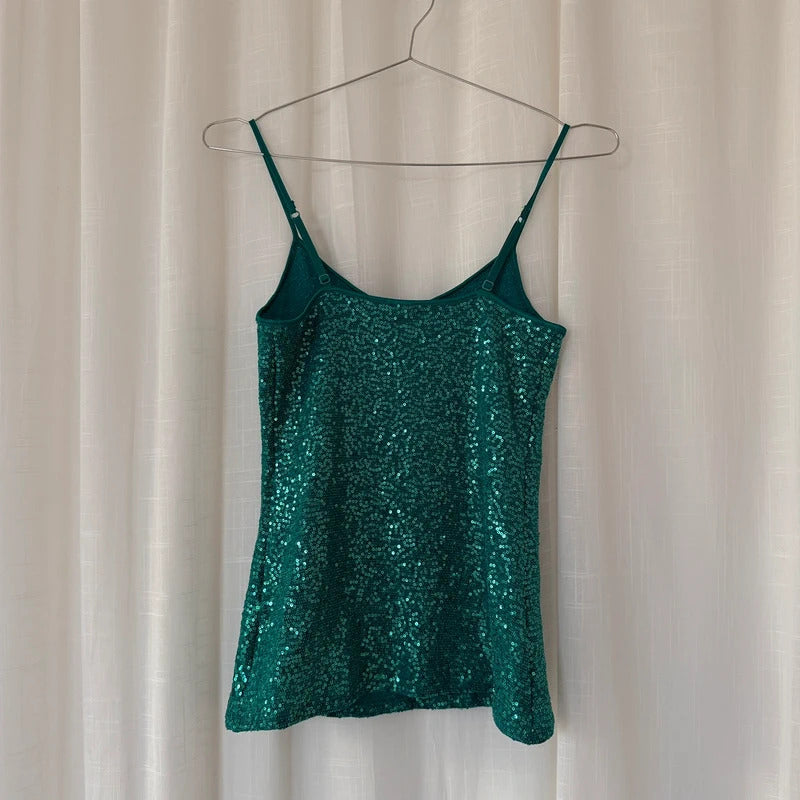 2000s Turquoise Sequin Cami Vest Top