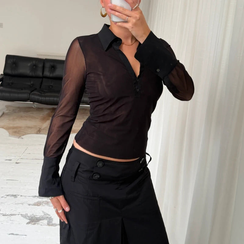 90s Black Sheer Mesh Shirt