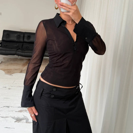 90s Black Sheer Mesh Shirt