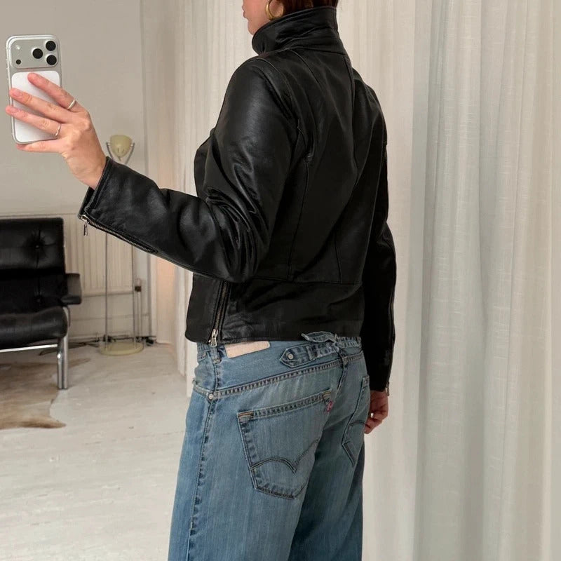 Italian Vintage Black Leather Biker Jacket
