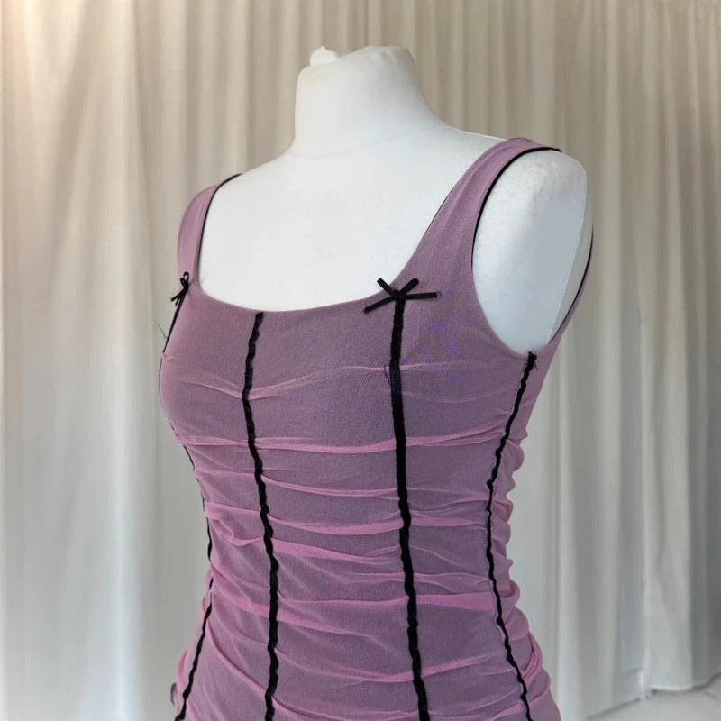2000s Pink Ruched Mesh Corset Top