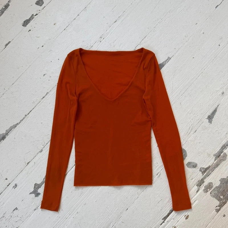 90s Orange Micro Mesh Long Sleeve Top