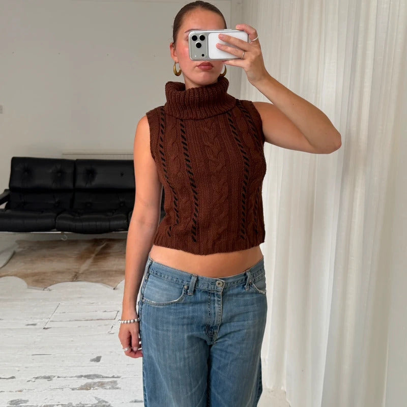 Brown Wool Cable Knit Roll Neck Vest