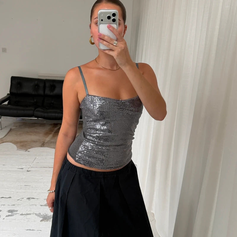 Silver Sequin Corset Cami Top