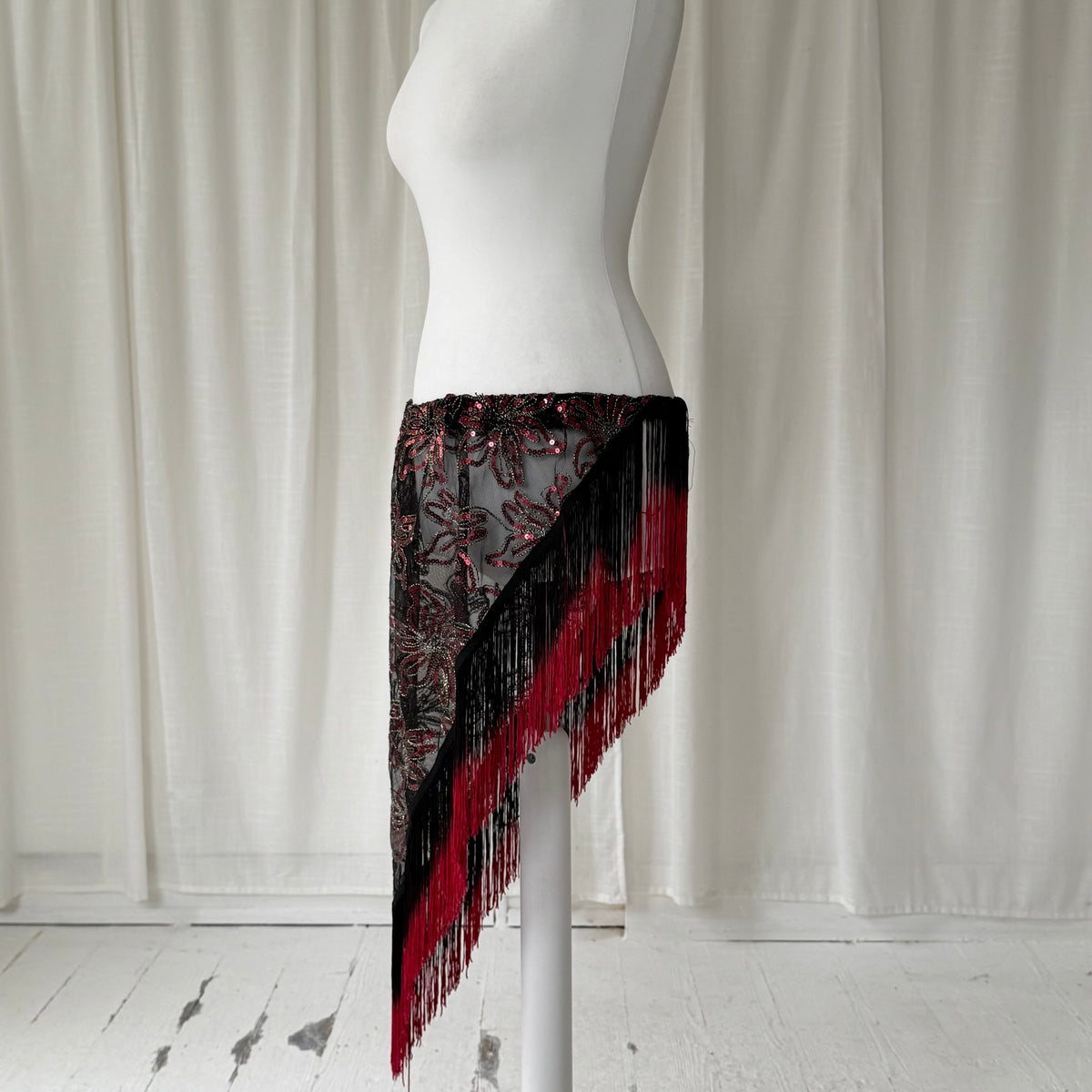 Sequin Mesh Asymmetric Tassel Sarong Skirt
