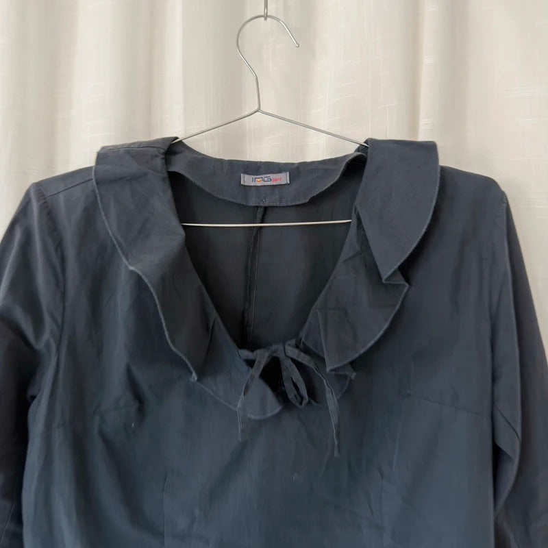 Charcoal Grey Ruffle Collar Tie Front Blouse
