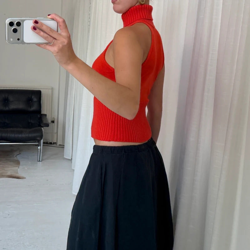 Orange Sleeveless Roll Neck Knit Top