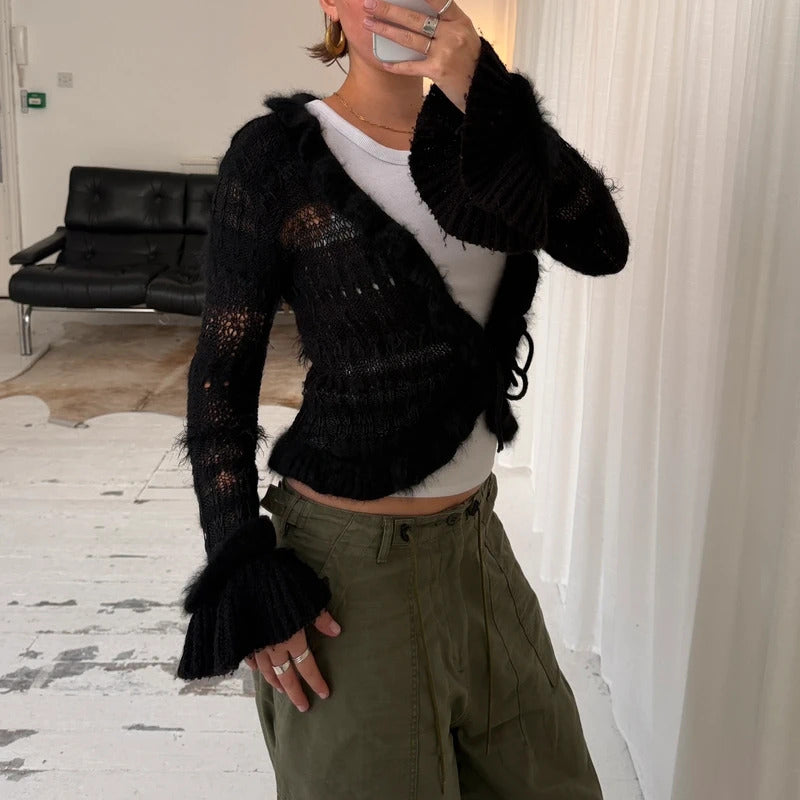Black Angora Wool Crochet Knit Tie Cardigan