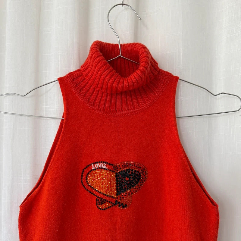 Orange Sleeveless Roll Neck Knit Top