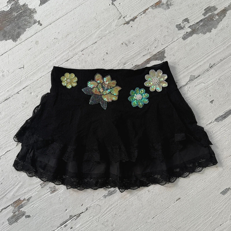 2000s Black Embroidered Lace Sequin Mini Skirt