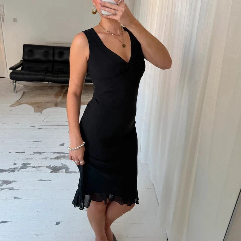 90s Pure Silk Black Midi Dress