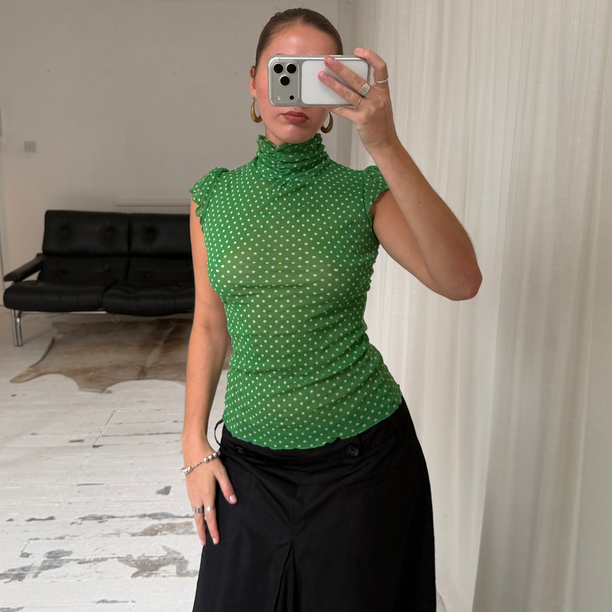 Green Polkadot High Neck Mesh Top