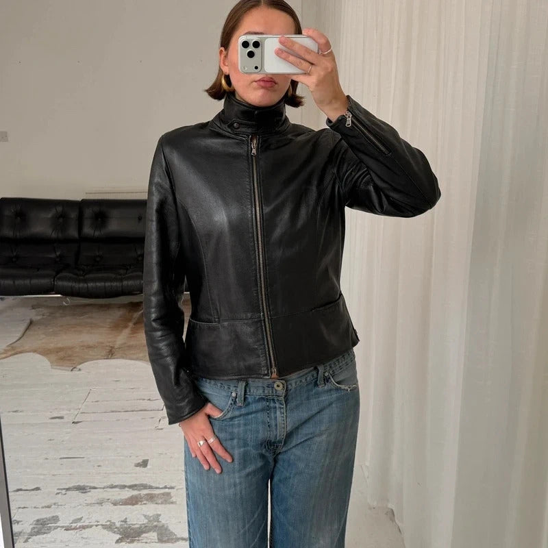 Italian Vintage Black Leather Biker Jacket