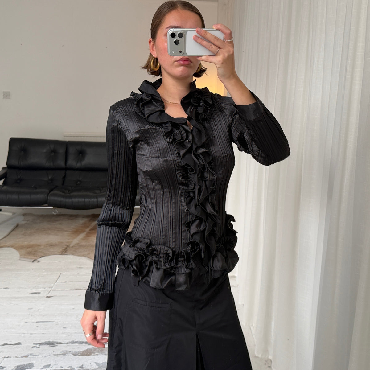 90s Black Pleated Ruffle Blouse