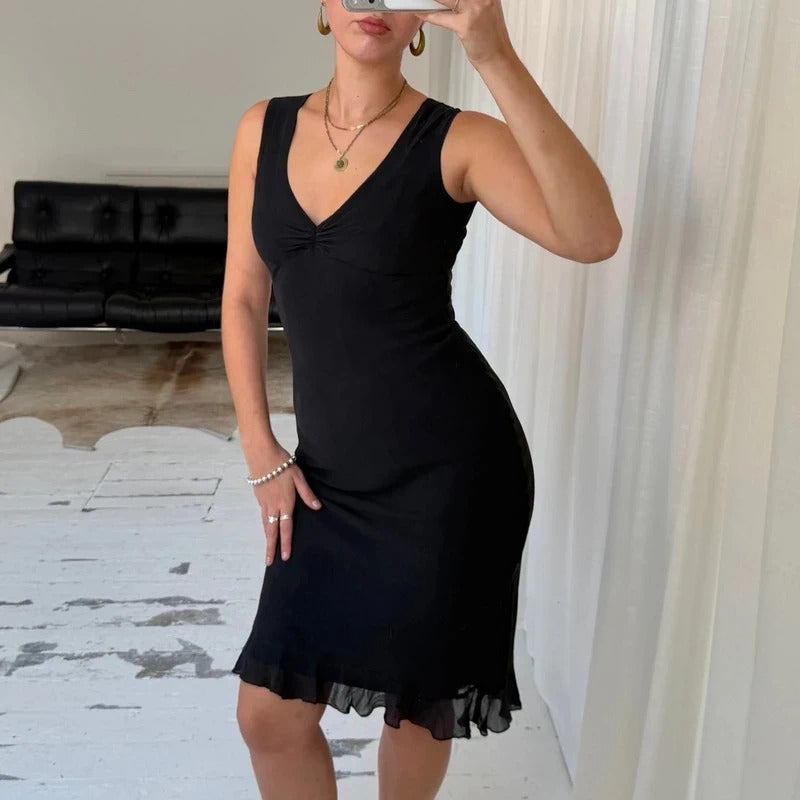 90s Pure Silk Black Midi Dress