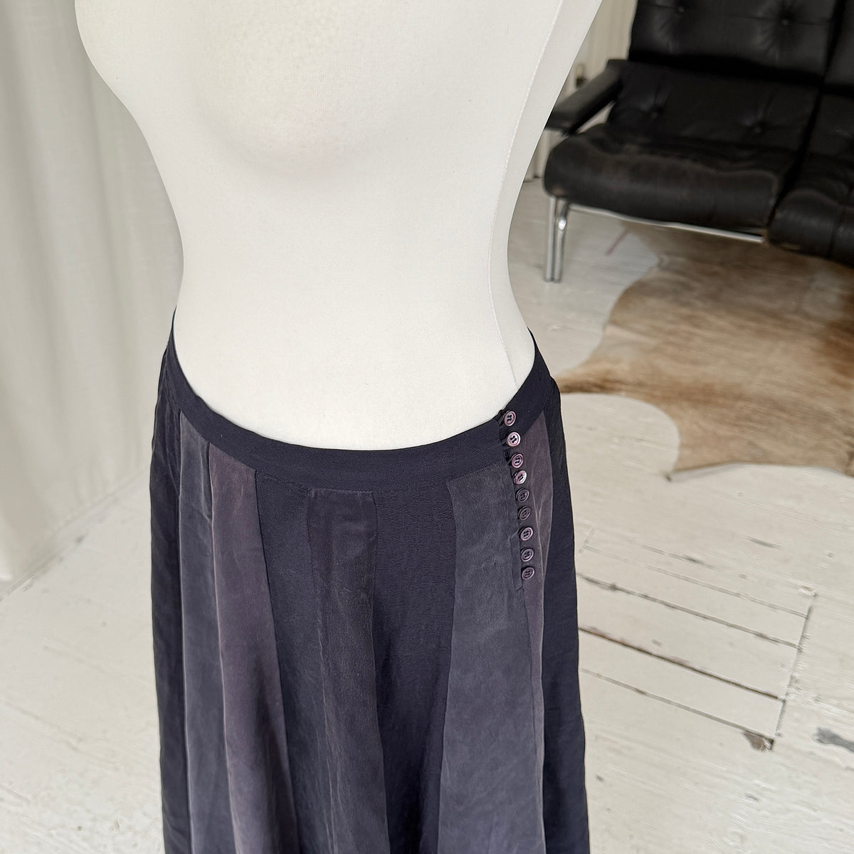 Navy Pure Silk Pleated Midi Skirt