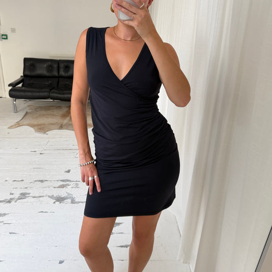 90s Calvin Klein Black Wrap Midi Dress