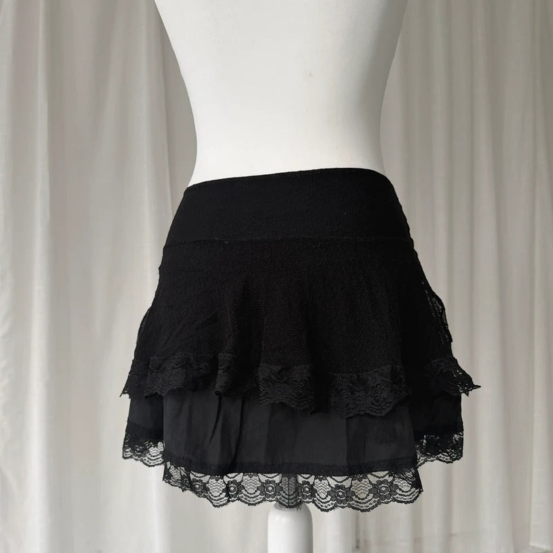 2000s Black Embroidered Lace Sequin Mini Skirt