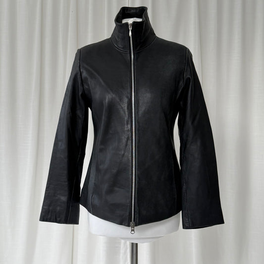 1990s Minimal Black Leather Funnel Neck Jacket