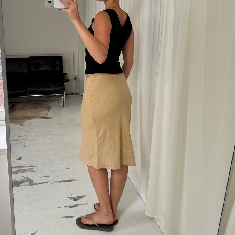 1990s Minimal Natural Linen Midi Skirt