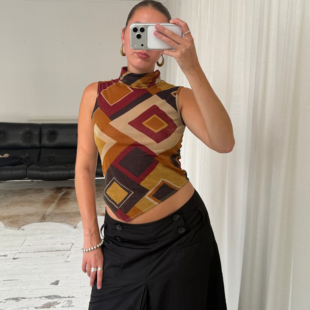 Italian Vintage Geometric Mesh High Neck Top