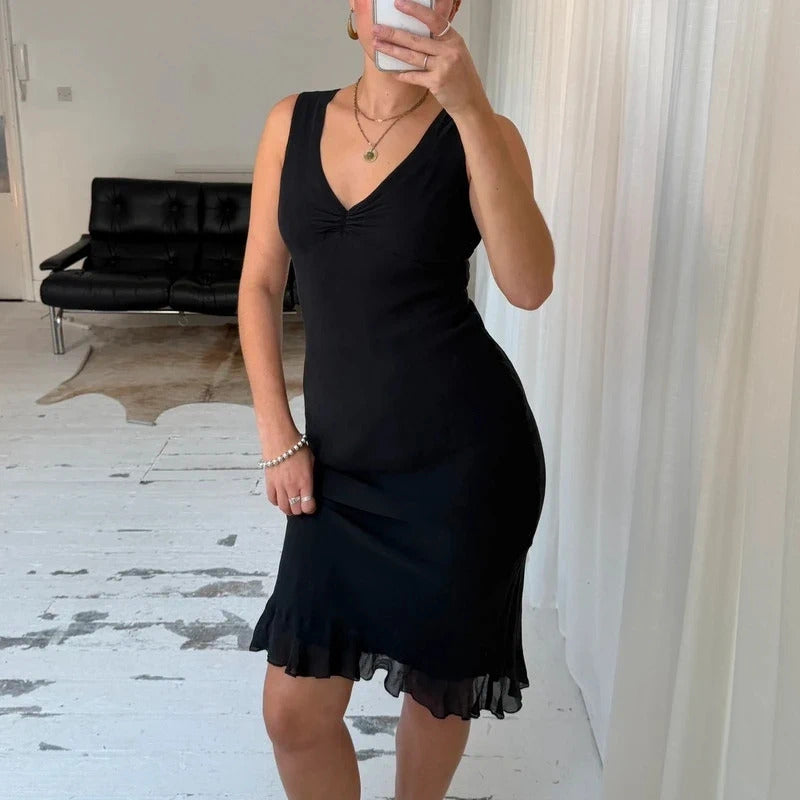 90s Pure Silk Black Midi Dress
