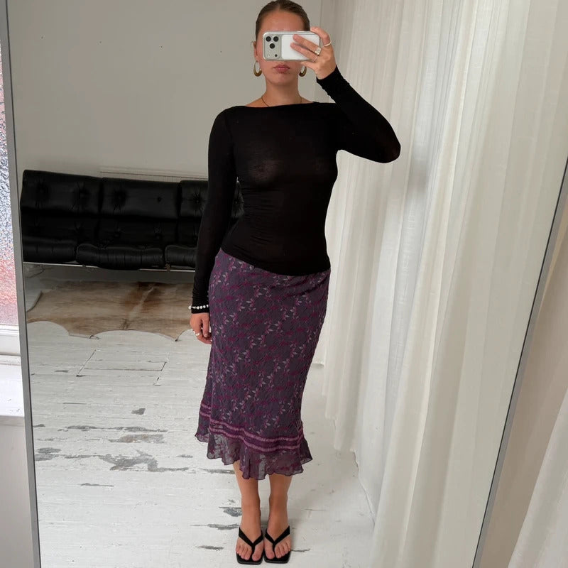 Purple Floral Wool Midi Skirt