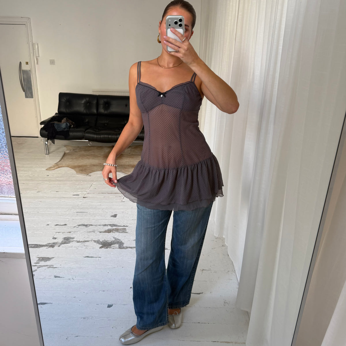 Polka Dot Mesh Babydoll Slip Dress