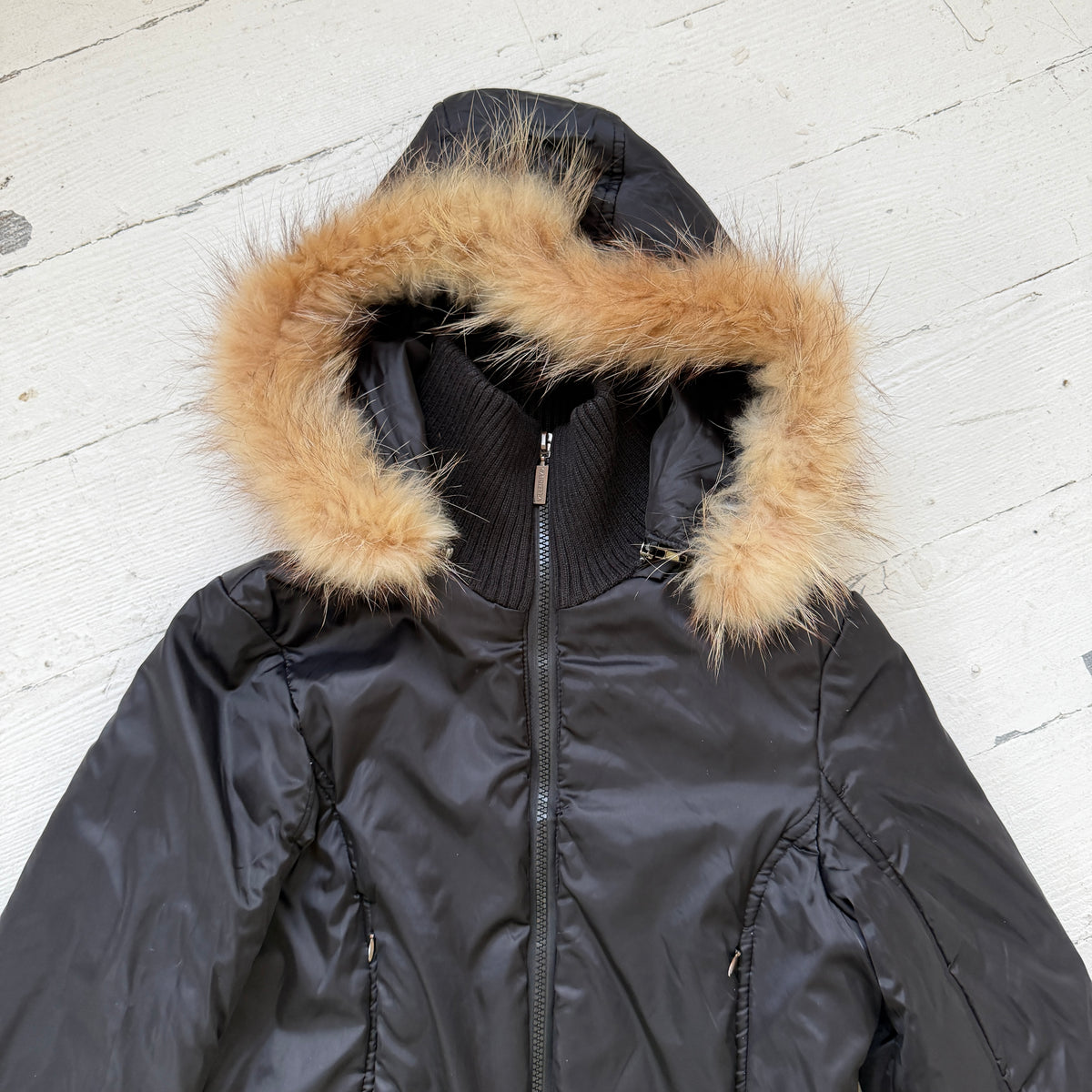00s Black Nylon Utility Bomber Jacket with Fur Hood