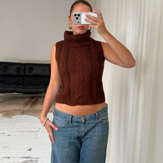 Brown Wool Cable Knit Roll Neck Vest
