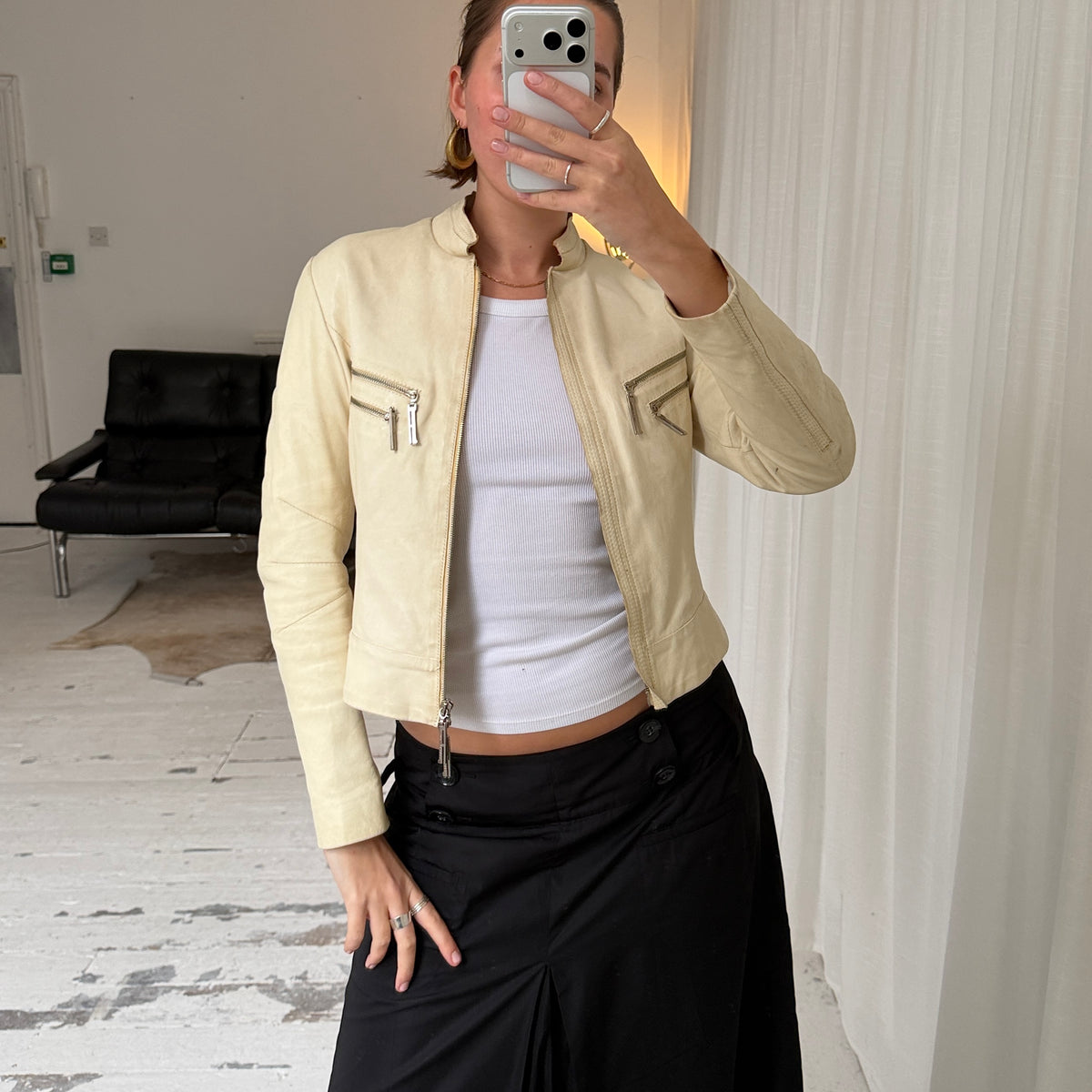 Vintage Italian Cream Leather Biker Jacket
