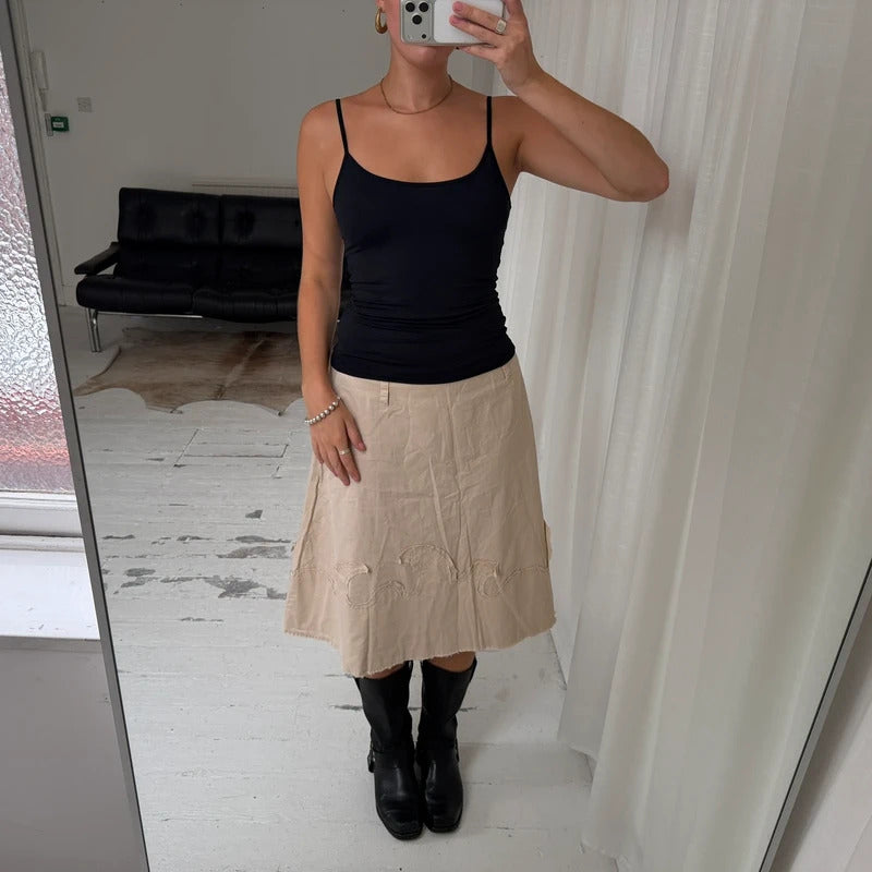 Beige Raw Edge Midi Skirt