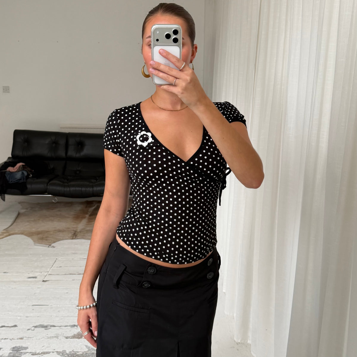 Black Polka Dot Wrap Top