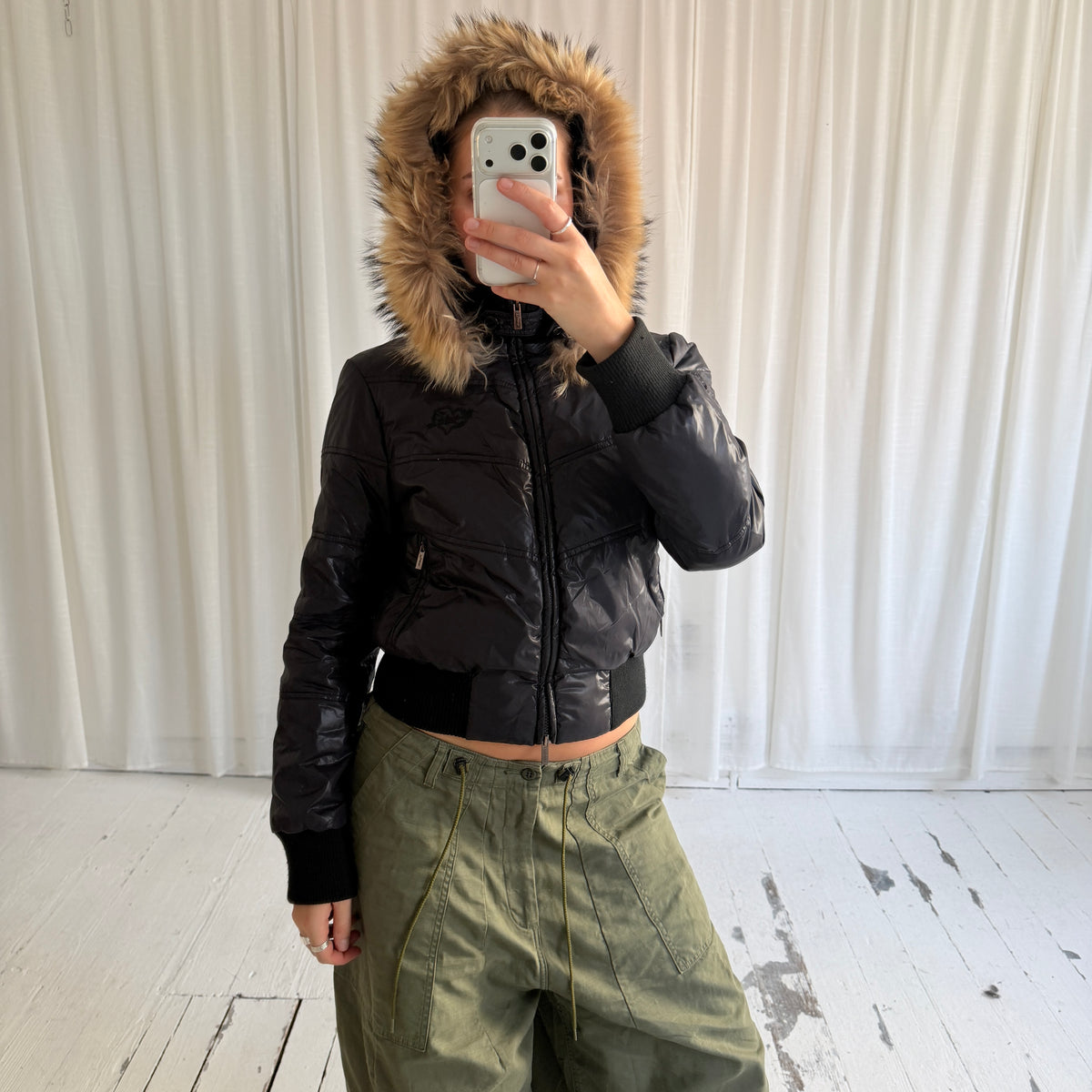 00s Down Feather Fur Hood Puffer Bomber Jacket