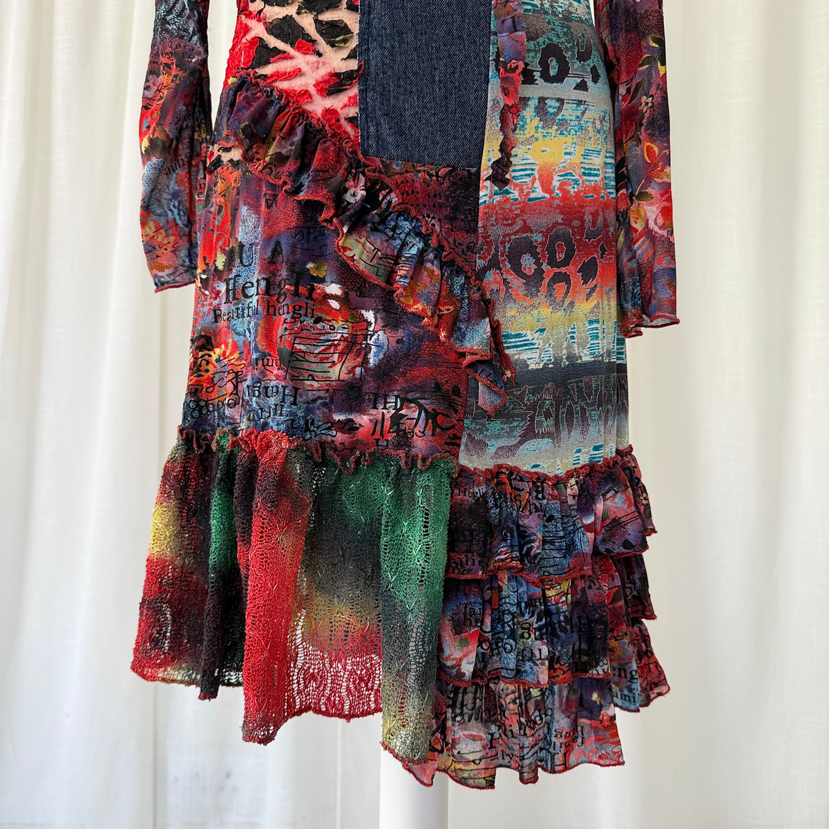 Multicolour Patchwork Mesh Ruffle Midi Dress