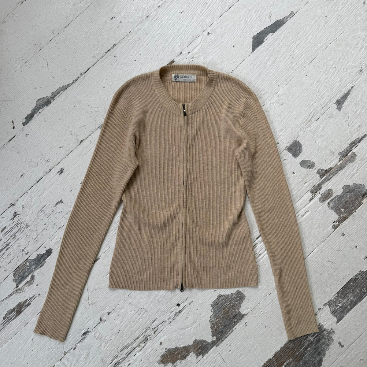Beige Double Zip Ribbed Cardigan