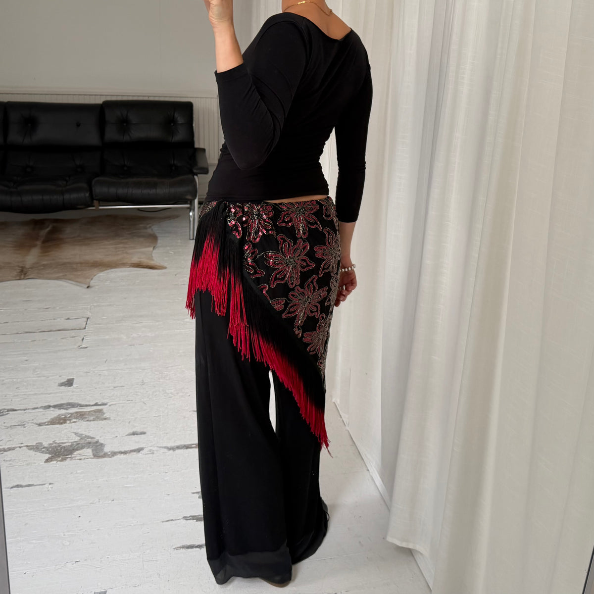 Sequin Mesh Asymmetric Tassel Sarong Skirt