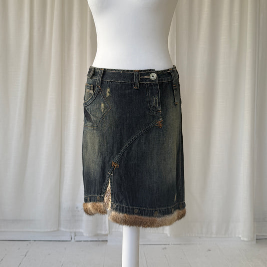 Italian Vintage Denim Fur Trim Midi Skirt