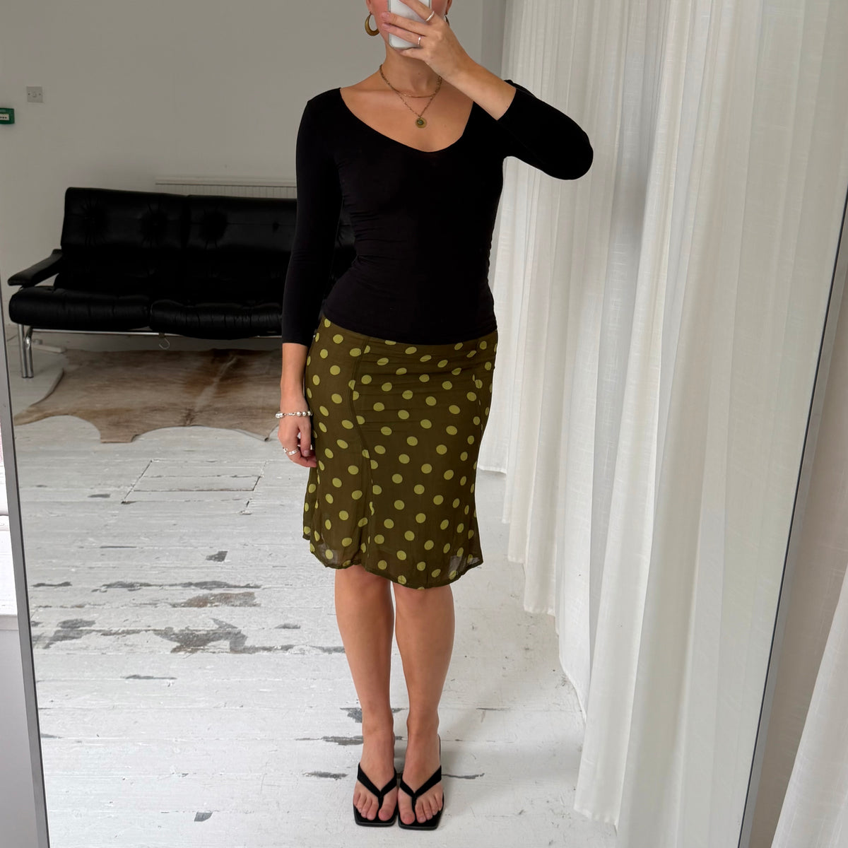 KOOKAÏ Green Polka Dot Mesh Midi Skirt
